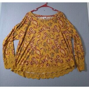 Cato Boho Tunic Blouse Top Size XL Mustard Floral Lace Trim Hem Cuff Cottagecore